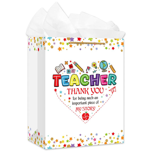 WaaHome Teacher Appreciation Gift Bag for Women - End of Year Graduation Teacher Gift Bags for Daycare Elementary Teachers from Students - 11.5'' Large Thank You Teachers Wrapping Paper Bag