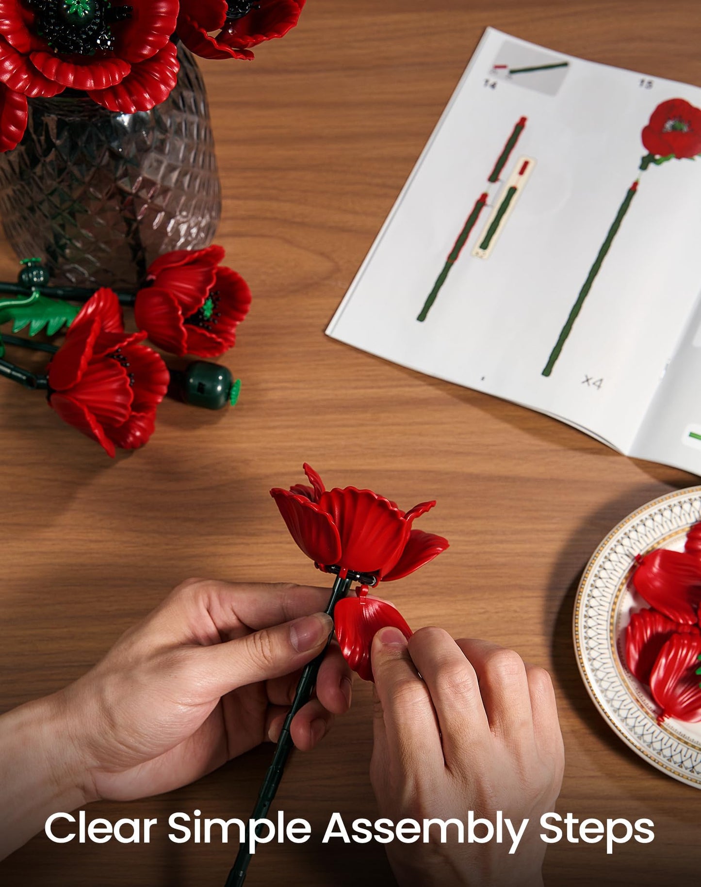 iATOM Red Poppy Flower Bouquet Building Set, 12Pcs Artificial Botanical Collection for Adults - Gift for Mother's Day for Her/Mom/Girlfriend/Wife/Couple, Home Table Centerpiece Decor Aesthetic