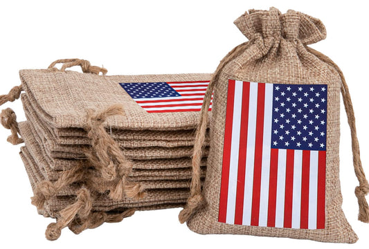 Whaline 20 Pcs 4th of July 250 Anniversary Burlap Drawstring Gift Bags Patriotic American Flag Treat Goodie Bags Pouch Bag for Independence Day Memorial Day Veterans Day Labor Day DIY Crafts Decor, 4 x 6"