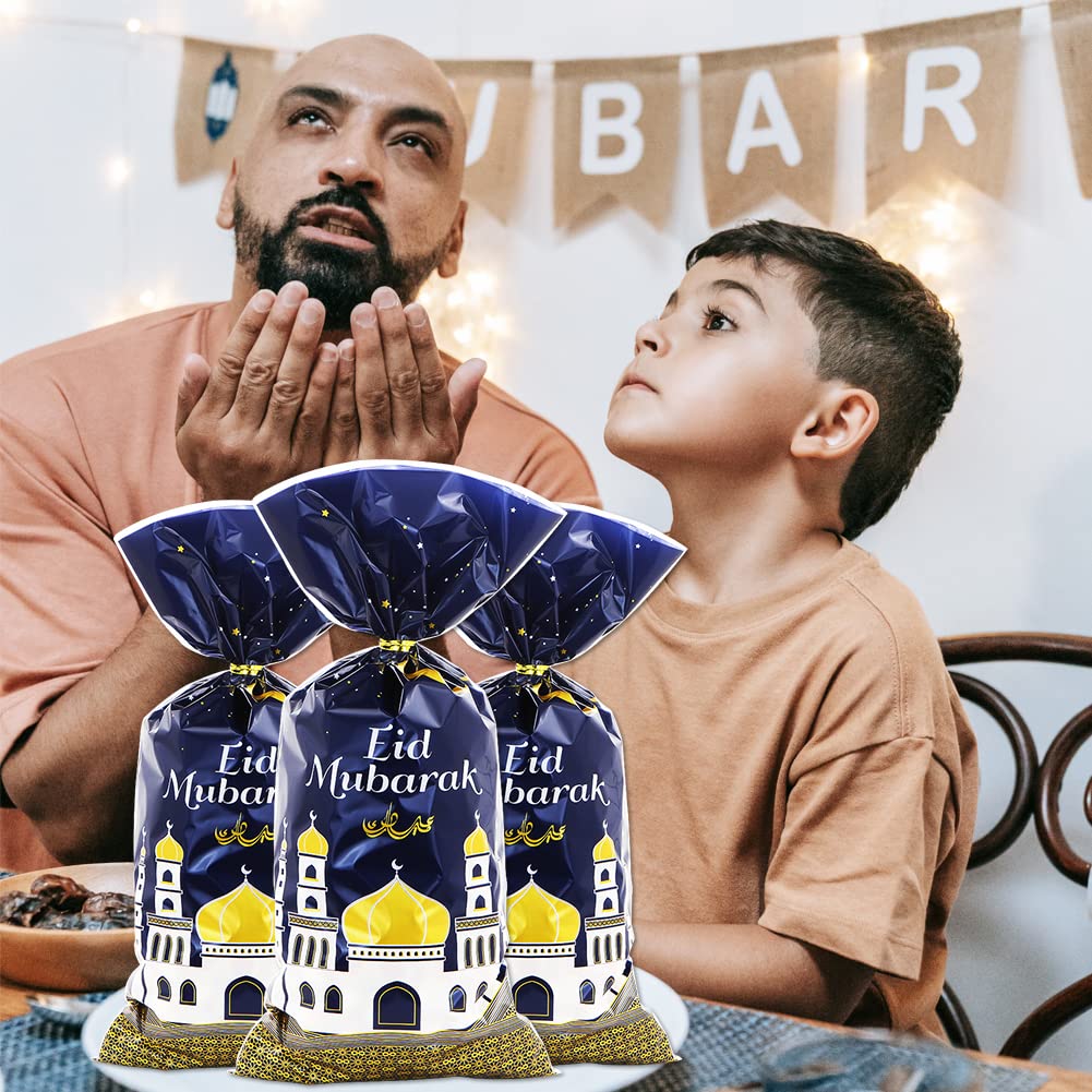 2026 Eid Mubarak Goodie Bags, 100 Pieces Muslim Castle Moon Star Pattern Ramadan Treat Bags Cellophane Bags Goody Favor Bags with Gold Twist Ties for Muslim Islamic Eid Iftar Diwali Party Kids Gifts