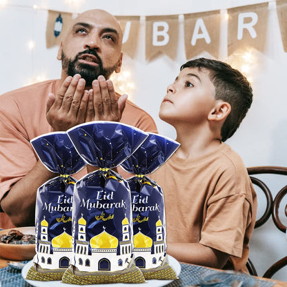 2026 Eid Mubarak Goodie Bags, 100 Pieces Muslim Castle Moon Star Pattern Ramadan Treat Bags Cellophane Bags Goody Favor Bags with Gold Twist Ties for Muslim Islamic Eid Iftar Diwali Party Kids Gifts