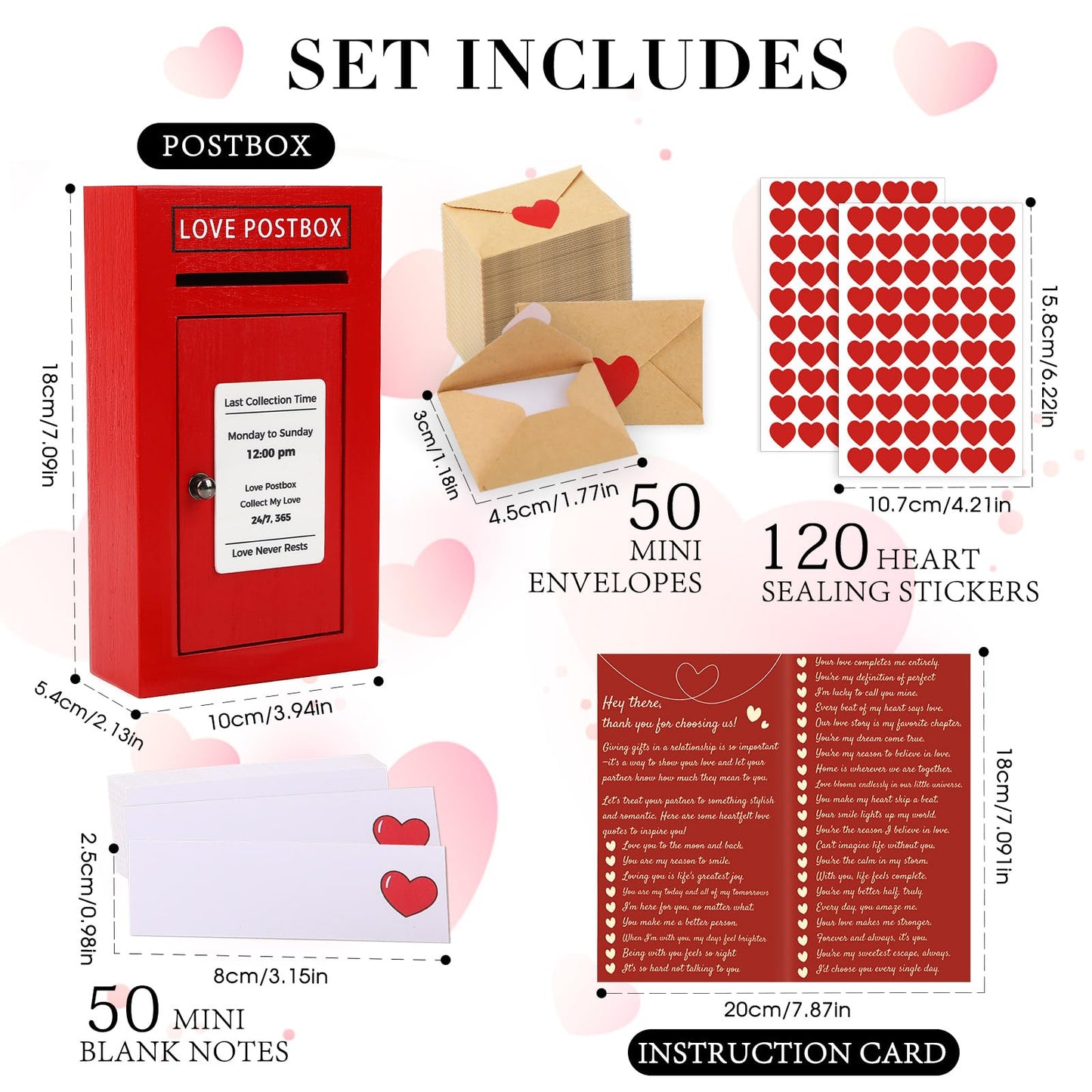 Romantic Love Postbox with 50 Mini Love Notes and Envelopes, Valentines Day Gifts for Him, Cute Valentines Gift for Husband Boyfriend, Vday LoveLetter, Long Distance Relationship Gifts