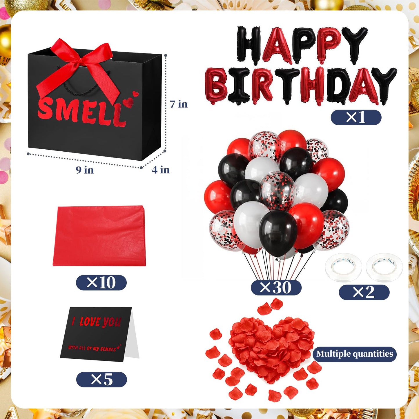 5 Senses Gift Bags for Him with Labels, 9"x4"x7" Gift Bag Tissue Paper Bow Ribbon Happy Birthday Decorations Kit with Banner, Balloons, Rose Petals, Card for Men, Women, Wedding, Valentine's Day