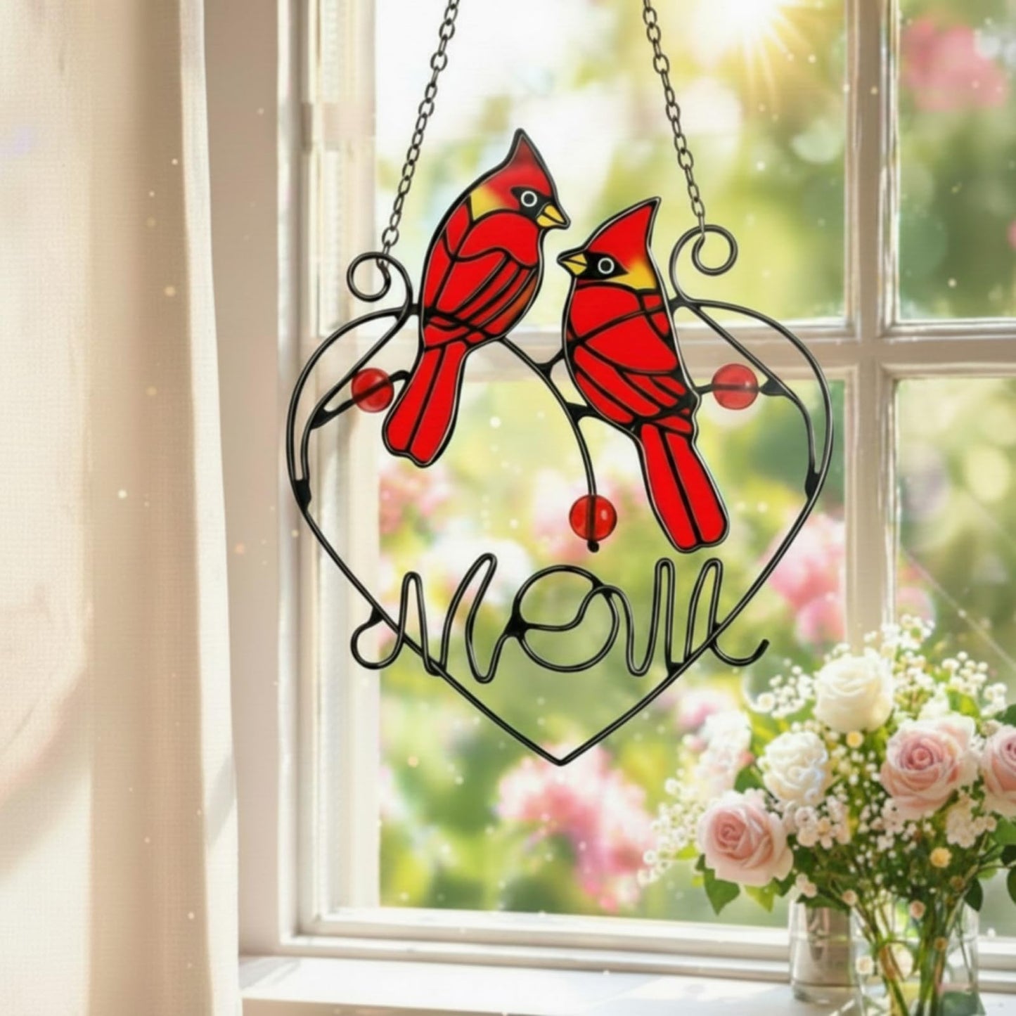 Pasimy Cardinal Gifts Mothers Day Red Cardinal Stained Glass Bird Suncatcher for Women Memorial Gifts for Loss of Loved One Sympathy Hanging Ornament with Metal Chain for Window Front Door Wall