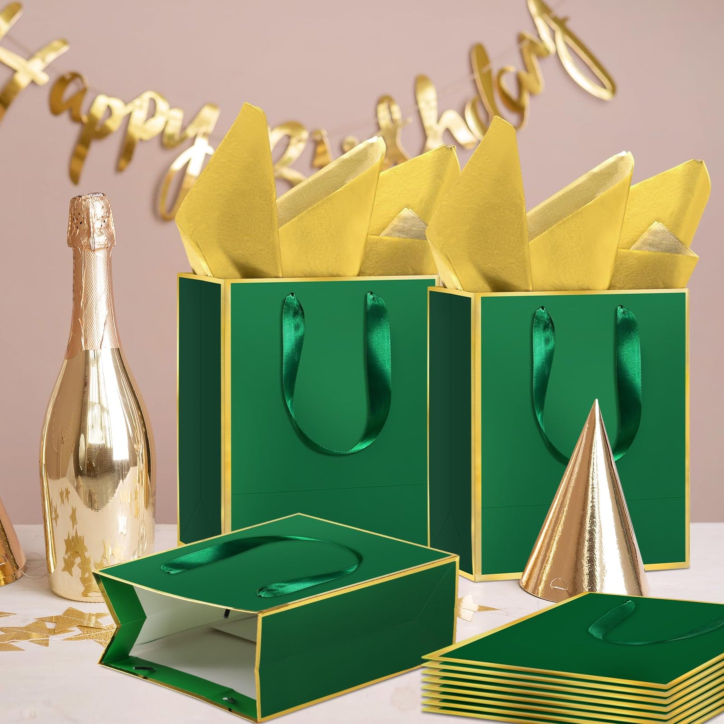 Epoesch 24Pcs Premium Gift Bags with Handles & Tissue Paper – 8"x5"x10" Green with Gold Edge –Thank You Bags for Father's Day, Birthdays Party, Wedding, Welcome Gift, Business