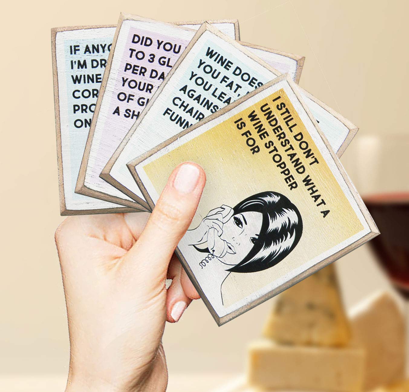 Wine Coasters with Holder - Funny Gifts for Women - Hostess Gifts - Housewarming Gifts for Wine Lovers - Wine Accessories (Funny Wine)