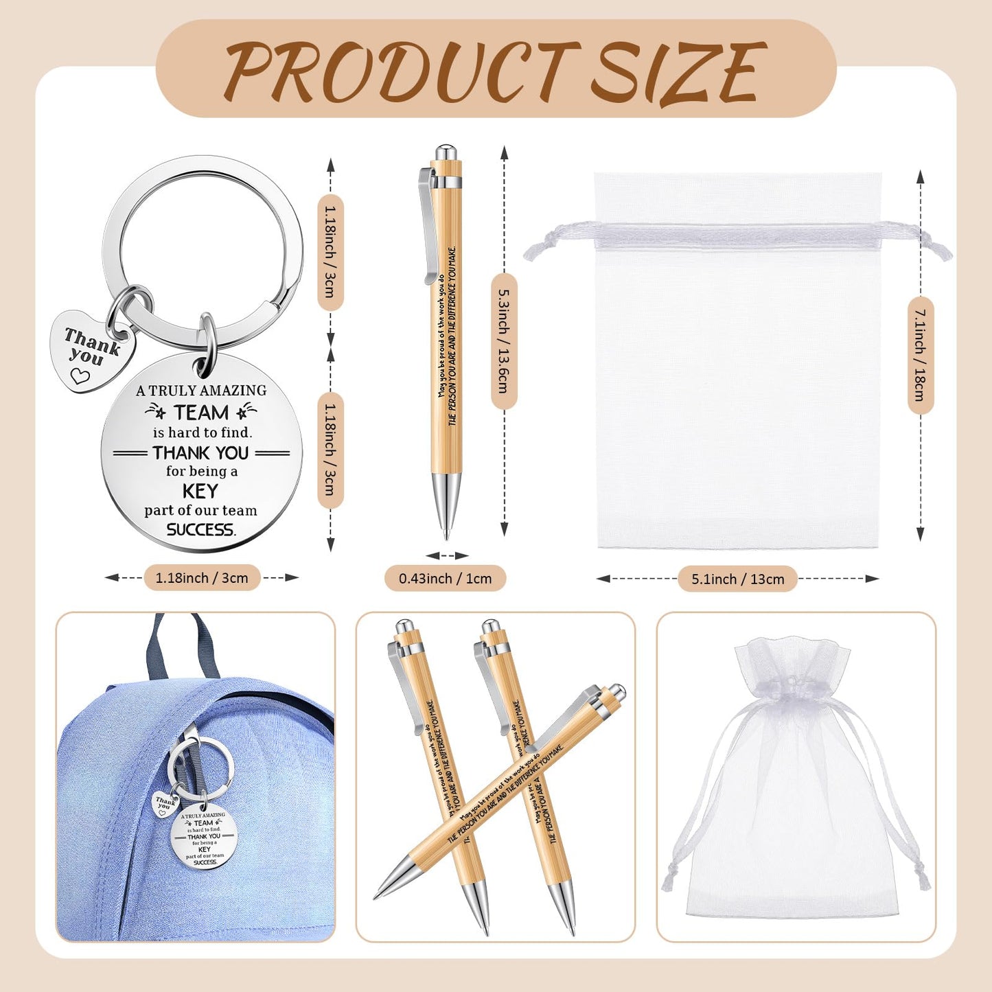 Fulmoon 80 Pcs Employee Appreciation Gifts Set Include Notepad Pen Thank You Keychain Organza Bag, Going Away Retirement Birthday Christmas Team Gift for Member Coworker(Brown,Team)