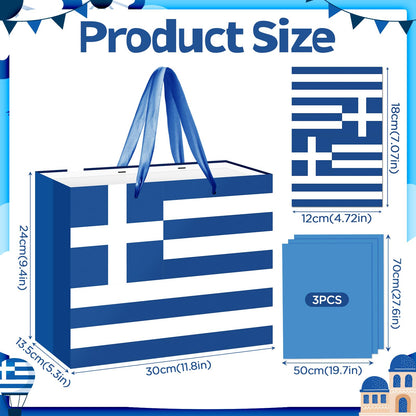 Neptniopllab Greek Flag Gift Bag with Card & Wrapping Papers,Blue White Greece Theme Party Decorations Gift Bag for National Day of Greece,Birthday,Greek Family Gathering Dining,Goodie Treat Bag