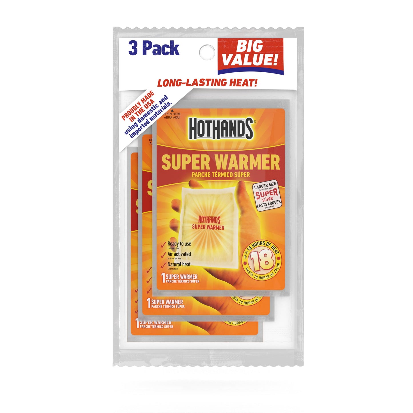 HotHands Body & Hand Super Warmers - Long Lasting Natural Odorless Air Activated Warmers - Up to 18 Hours of Heat - 3 Individual Warmers
