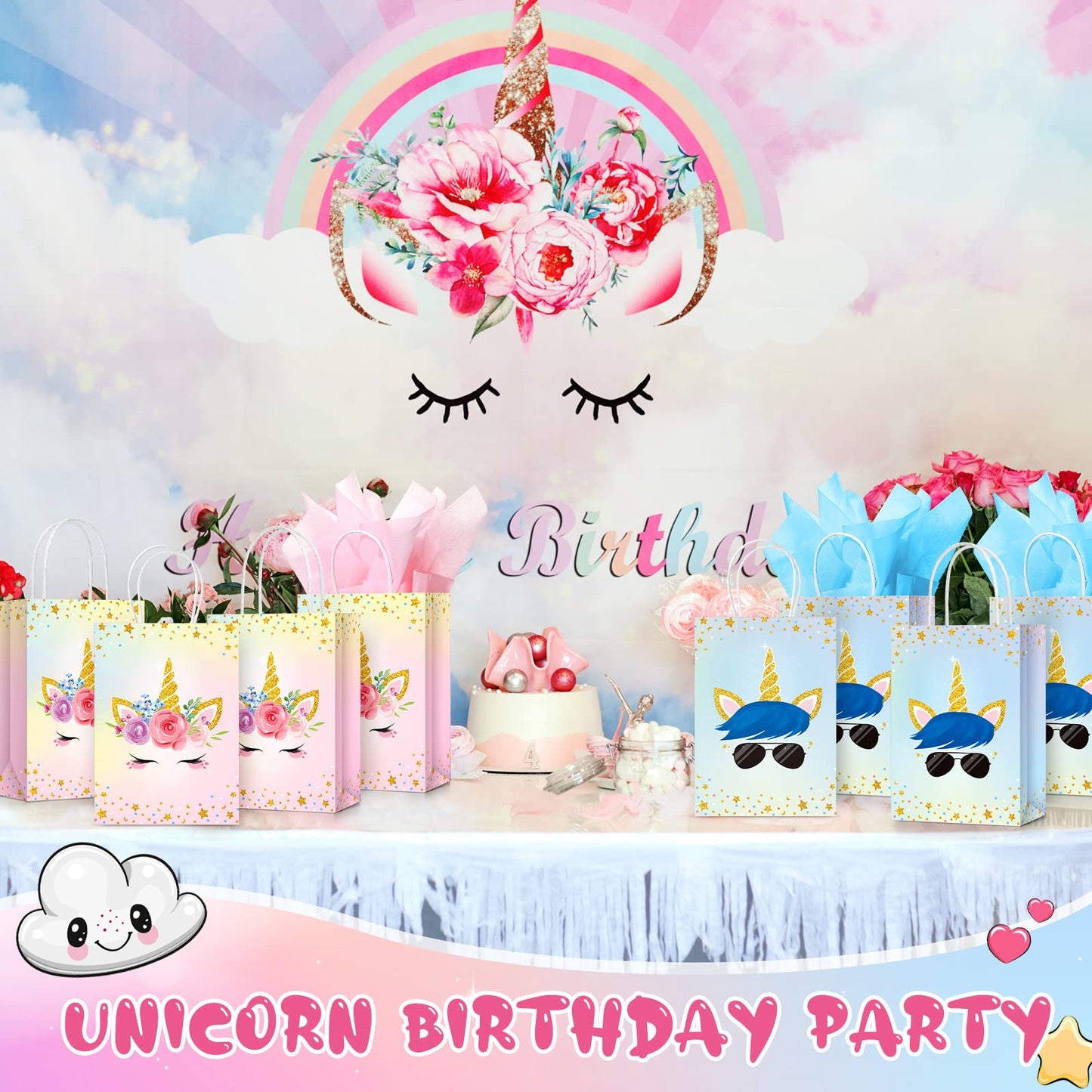 Sherr 30 Pcs Unicorn Party Favor Bags with Handles Tissue 8.3 Inches Paper Candy Treat Goodie Gift Unicorn Party Supplies for Kids Girls Boys Gender Reveal Baby Shower Birthday Decorations