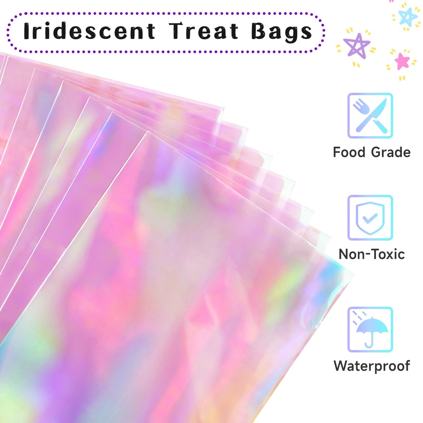 Ohuimrt 5x11 Inches Iridescent Cellophane Treat Bags with Ties, 100 PCS Small Plastic Holographic Goodie Bags for Candies, Snacks, Popcorn, Small Gifts and Party Favor