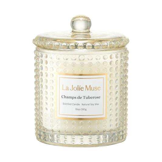 LA JOLIE MUSE Champs de Tuberose Scented Candle - Ylang, Tuberose, Orange Blossom | 10 oz Natural Soy Wax | 55 Hours Clean Burn | Floral Scented Candle | Gift-Ready for Hosts & Gatherings
