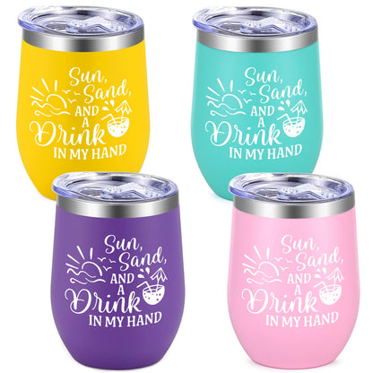 Lifecapido 4Pcs Girls Trip Gifts Favors, Beach 12oz Stainless Steel Wine Tumbler with Lid & Straw, Girls Weekend Trip Gifts Favors for Friends Sister Women Vacation Party(Multicolor)
