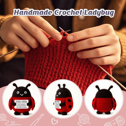 Positive Lucky Gift – Mini Crochet Ladybug Plush with Message Card, Handmade 3-Inch, Kawaii Desk Locker Decor, Year-Round Encouragement