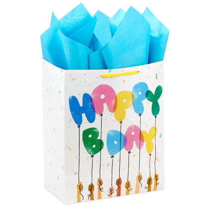 Hallmark 13" Large Gift Bag with Tissue Paper and Card (Happy Bday Balloons) for Kids, Grandchildren, Friend, Coworkers