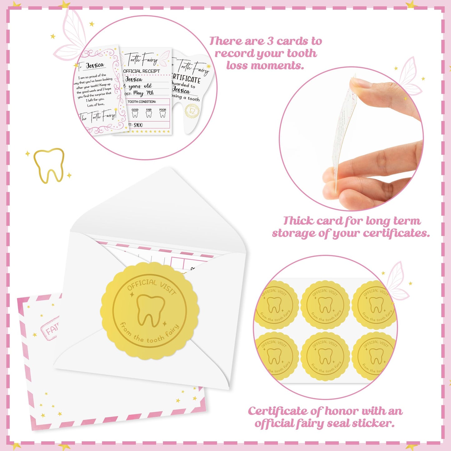 Mini Tooth Receipt Set - 20 Set Pink Tooth Cards with Envelope and Fairy Letter for Kids, Lost Teeth Certificate Keepsake Postmark Gift Bag with Seal Stickers for Girls Boys Home School Award