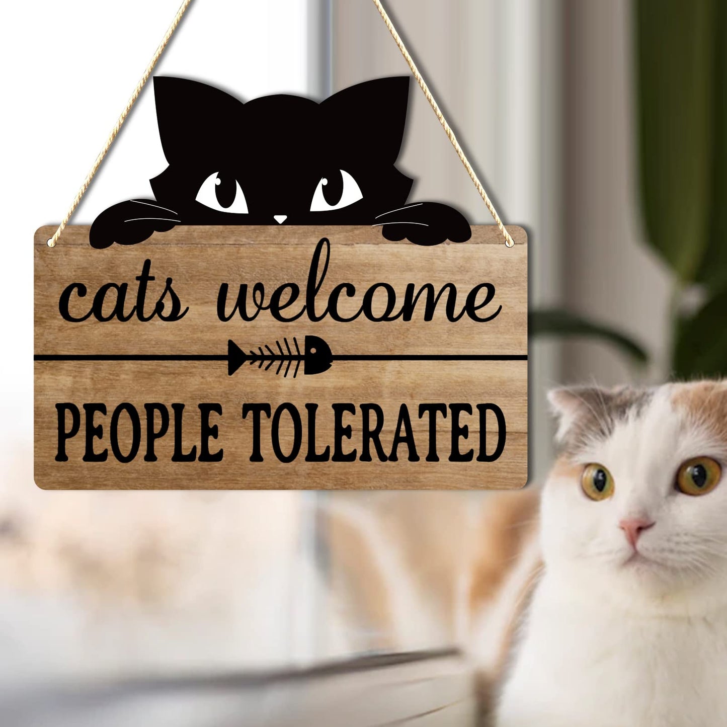 Cat Welcome People Tolerated Sign - Funny Cat Wall Decor for Home, Rustic Hanging Wooden Plaque with Black Cat， Unique Gift for Cat Lovers Women Men