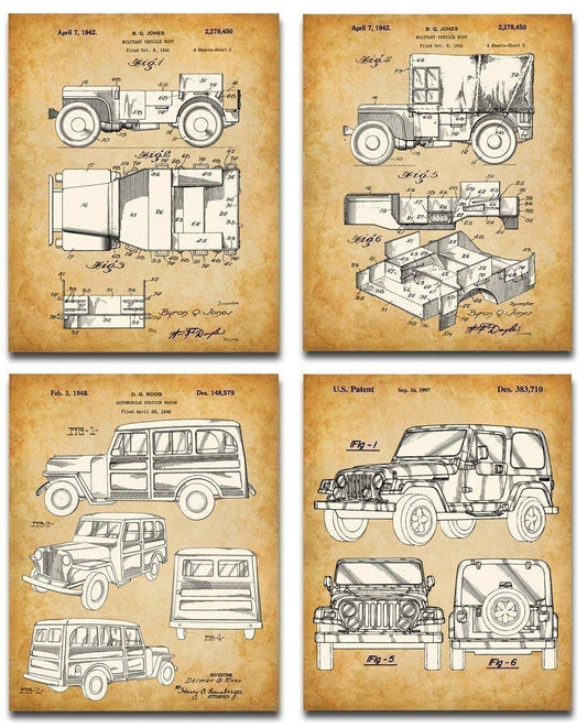 Original Jeep Patent Art Prints - Jeep Gifts for Men Set of Four Photos (8x10) Unframed - Great Man Cave Decor and Gift Under $20 for Jeep Enthusiasts