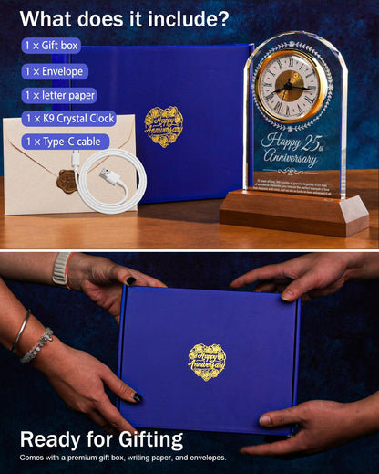 25th Wedding Anniversary Crystal Quartz Clock with Wooden Light Base,25 Years of Marriage Gift,Happy Silver Anniversary Decoration Gift,for Parents,Grandparents,Couple