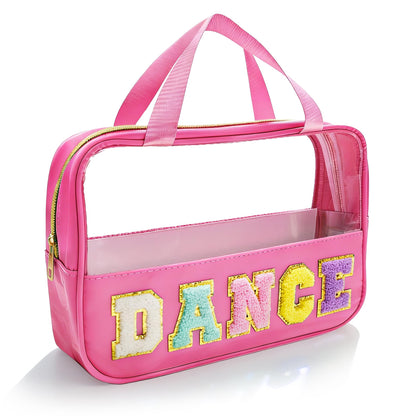 Dance Makeup Bag, Dance Recital Gifts for Girl Women, Chenille Letter Patch Clear Ballet Cosmetic Bag with Handle and Zipper, Waterproof Nylon Travel Toiletry Make Up Bag, Dance Competition Must Haves