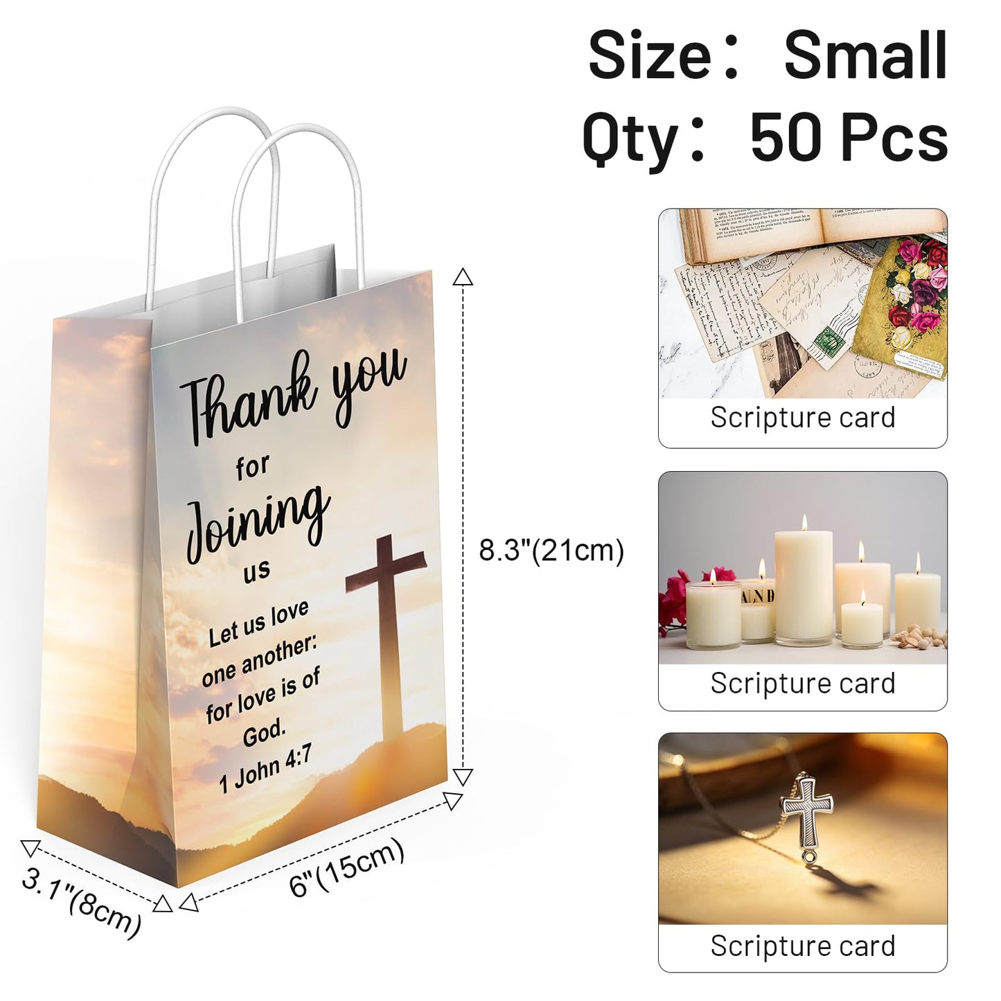 QIELSER Christian Thank You Gift Bags 50 Pack, Welcome to Our Church Paper Bags with Handles, Religious Cross & Bible Verse, Church Favor Bags for Baptism, VBS, Easter