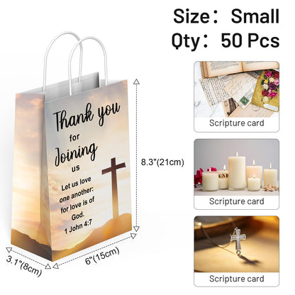 QIELSER Christian Thank You Gift Bags 50 Pack, Welcome to Our Church Paper Bags with Handles, Religious Cross & Bible Verse, Church Favor Bags for Baptism, VBS, Easter