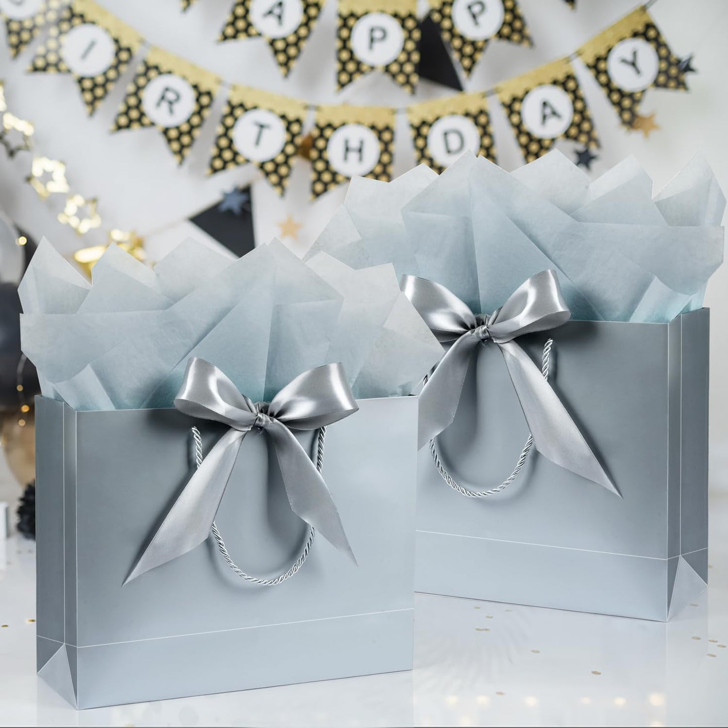Large Gift Bags, 2PCS Gift Bags with Handle Tissue Paper Greeting Card, 13’’ Portable Birthday Gift Bag Set, Silver Present Bags for Birthday Party Favor Wedding Baby Shower Father’s Day, 13x10x4inch