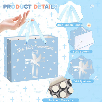 Yomaiha Blue First Holy Communion Gift Bag with Wrapping Paper and Greeting Card, Silver Cross Gift Bag with Pigeon Design Christian Religious Wrapping Paper Bag for Baby Boy Baptism Party Supplies