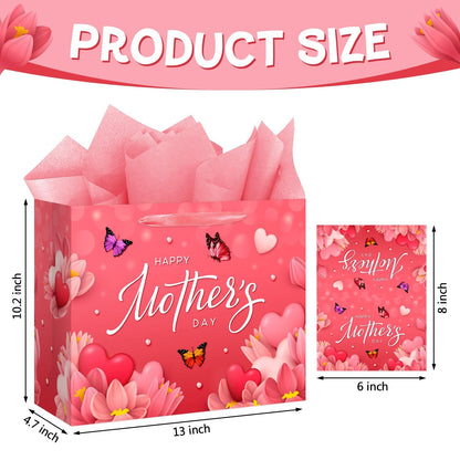 Aysimple Large Happy Mother's Day Paper Gift Bag with Wrapping Paper and Greeting Card 13" Butterfly Flowers Design Large Gift Bag Red Heart Party Bags for Happy Mothers Day Party Supplies