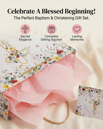 GFInYHM 13" Wildfloral Gold Cross Gift Bag Set with Greeting Card and Tissue Papers for First Communions, Baby Boy Girl Baptisms, Christenings, Wedding, Religious Occasions