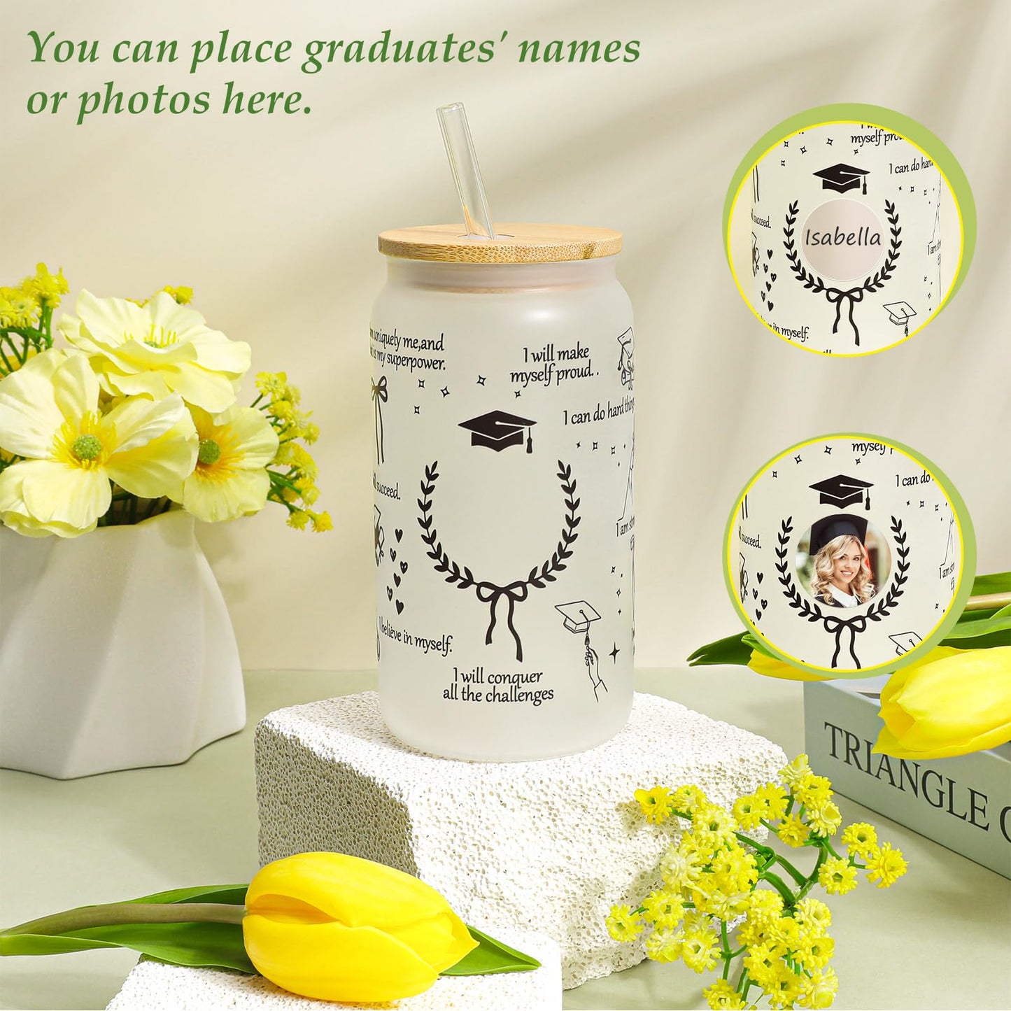 Graduation Gift Basket for Her 2026, College & High School Graduation Gifts for Women, Includes Glass Cup, Tulip Notebook, Candle, Keychain, Crochet Potato Doll & Card