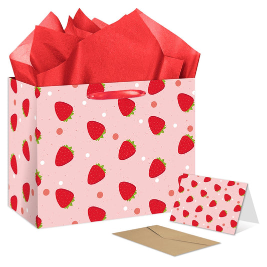 ONANNA Strawberry Gift Bag with Tissue Paper and Greeting Card, Cute Fruit Themed Gifts Wrapping Paper Bag for Birthday Baby Shower Mother's Day Spring Christams Party Favor Decorations Supplies