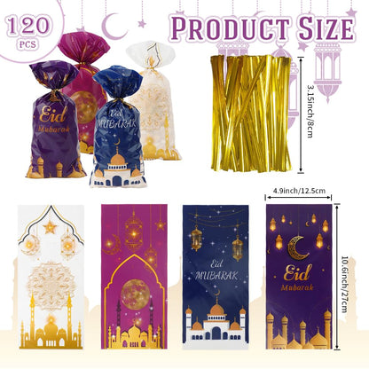Eid Mubarak Treat Bags, 120 PCS Ramadan Goodie Bags, Eid Mubarak Gift Bag, Plastic Ramadan Candy Cookie Snack Treat Bag with Twist Ties Gifts for Islam Muslim Ramadan Party Decorations Favor Supplies