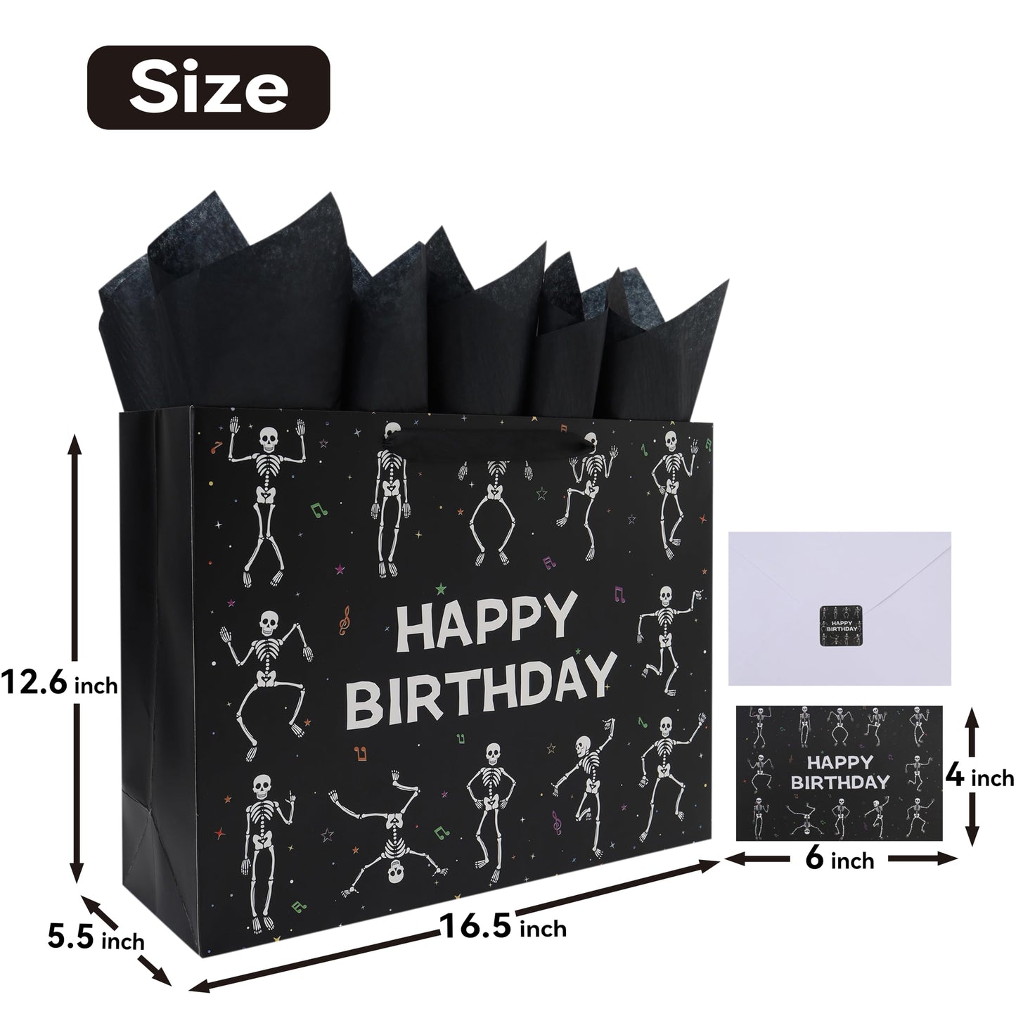 wishinside 16.5'' Extra Large Black Birthday Gift Bag Set with Handles, Greeting Card, Tissue Papers and Stickers for Men Boys Kids Teens for Birthday Party, 1 Pcs