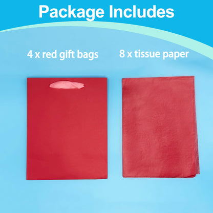 MOXARYSU 4 Pcs Medium Red Gift Bags: 8x5x10 Inches Gift bags With Handles Party Favor Bags With 8 Tissue Paper For Party,Birthday,Baby Shower,Wedding（Red）