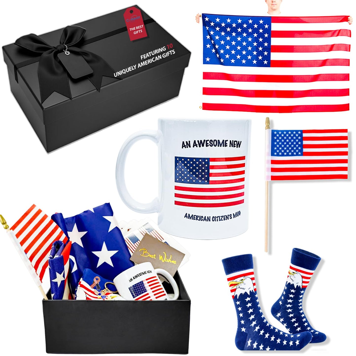 6Pcs New US Citizenship Gifts American Flag Gifts Set, 4th of July Decorations Gift, American Citizenship Gifts for Veterans, Includes Mug, American Flag and Socks, Black Bow Gift Box & More