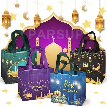 PARSUP 16PCS Eid Mubarak Reusable Gift Bags, Treat Bags with Handles, Ramadan Mubarak Party Bags, Multifunctional Non-Woven Eid Bags for Gifts Wrapping, Ramadan Kareem Party Supplies, 9.2"×8.7"×4.3"