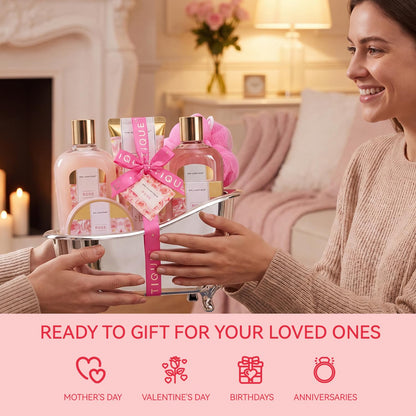 spa luxetique Gift Set For Women, Bath Sets for Women Gift, 8 Pcs Rose Spa Basket Includes Bubble Bath, Shower Gel, Body Lotion, Mom Birthday Gifts, Mother‘s Day Gifts for Her