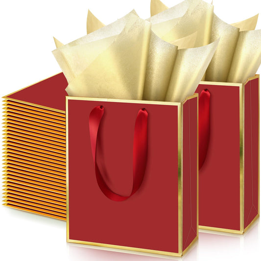 Yeaqee 50 Pack Metallic Gift Bags with Handle and Tissue Paper Gold Foil Thank You Bag for Graduation Wedding Groomsmen Bridal Baby Shower Gifts Holiday Party Favors 9x7x3.15'' (Burgundy Gold)