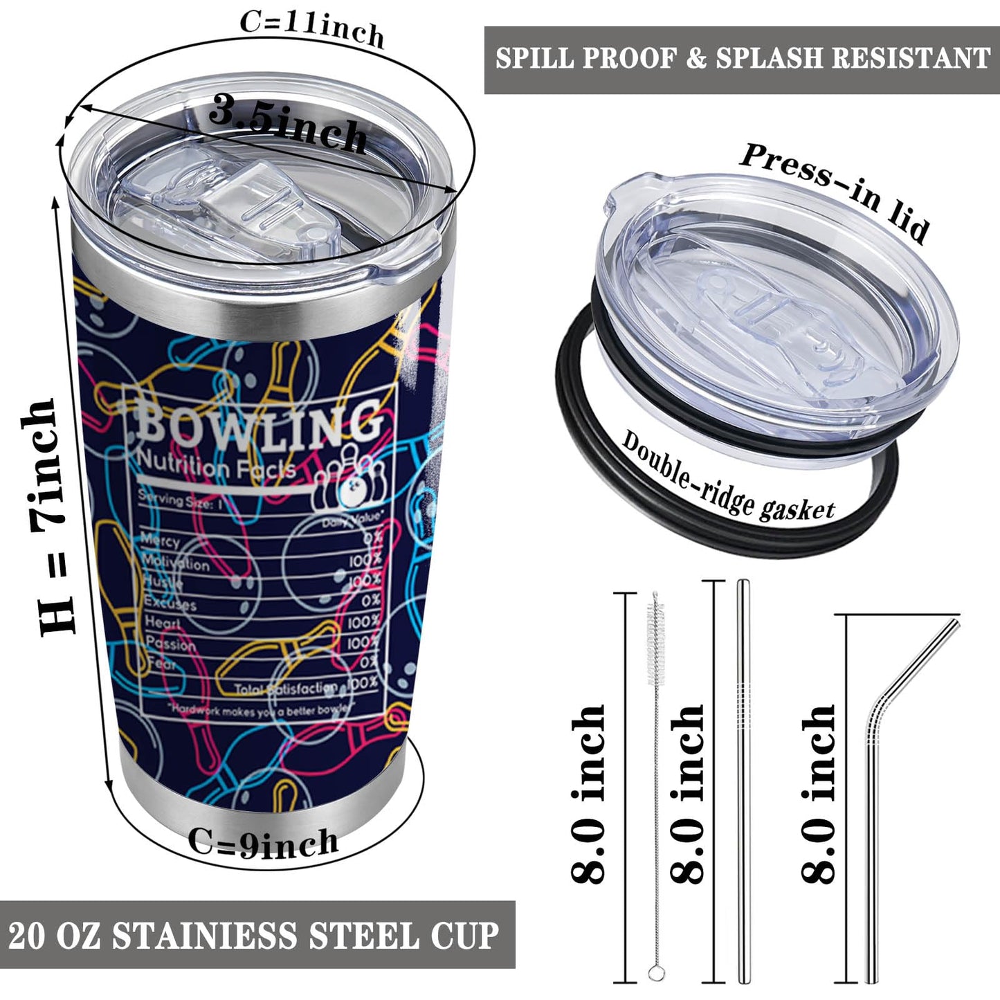 Bowling Gift This is How I Roll 20oz Tumbler with Lid and Straw Bowling Nutrition Facts Travel Cup Bowling Lover Gift Bowling Team Gifts (Bowling Nutrition Facts)