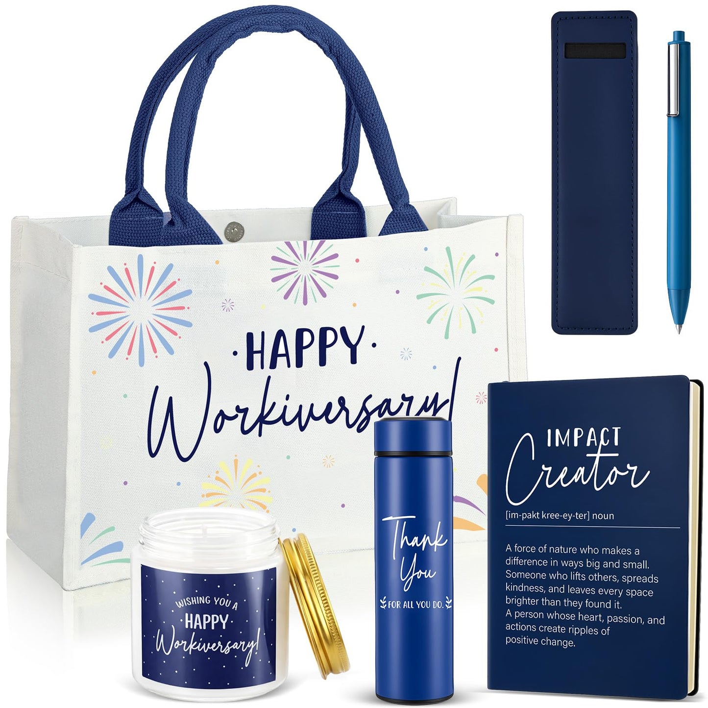 Thenshop 6 Pcs Happy Workiversary Gifts Set for Men Women Employee Appreciation Gifts Include Tumbler Leather Notebook Pen Tote Bag Scented Candle for Office Coworker Employee (Blue)