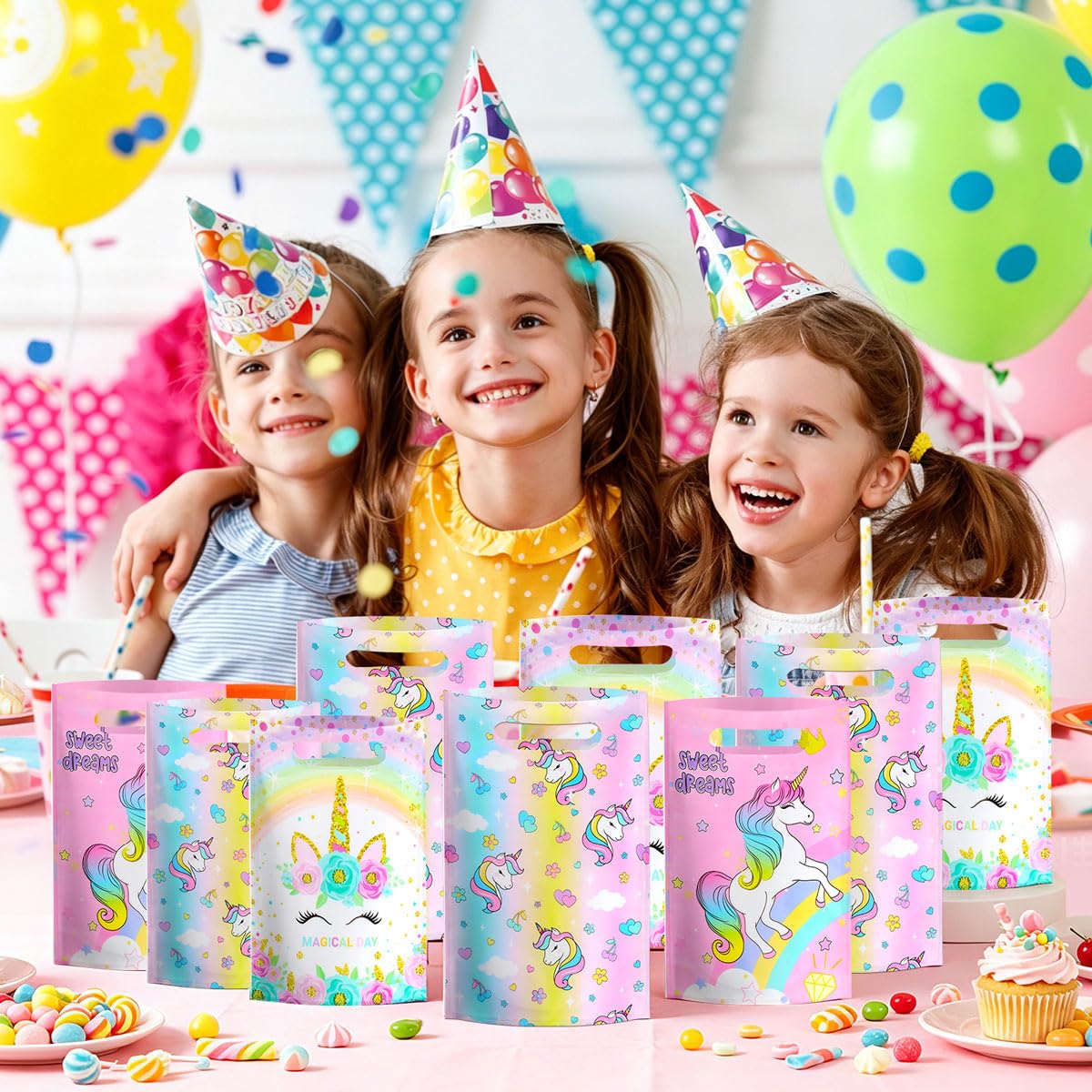 momoake Unicorns Party Favor Bags, 24 PCS Goodie Bgs with 120 Waterproof Vnyl Stickers for Kids Unicorns Birthday Decorations