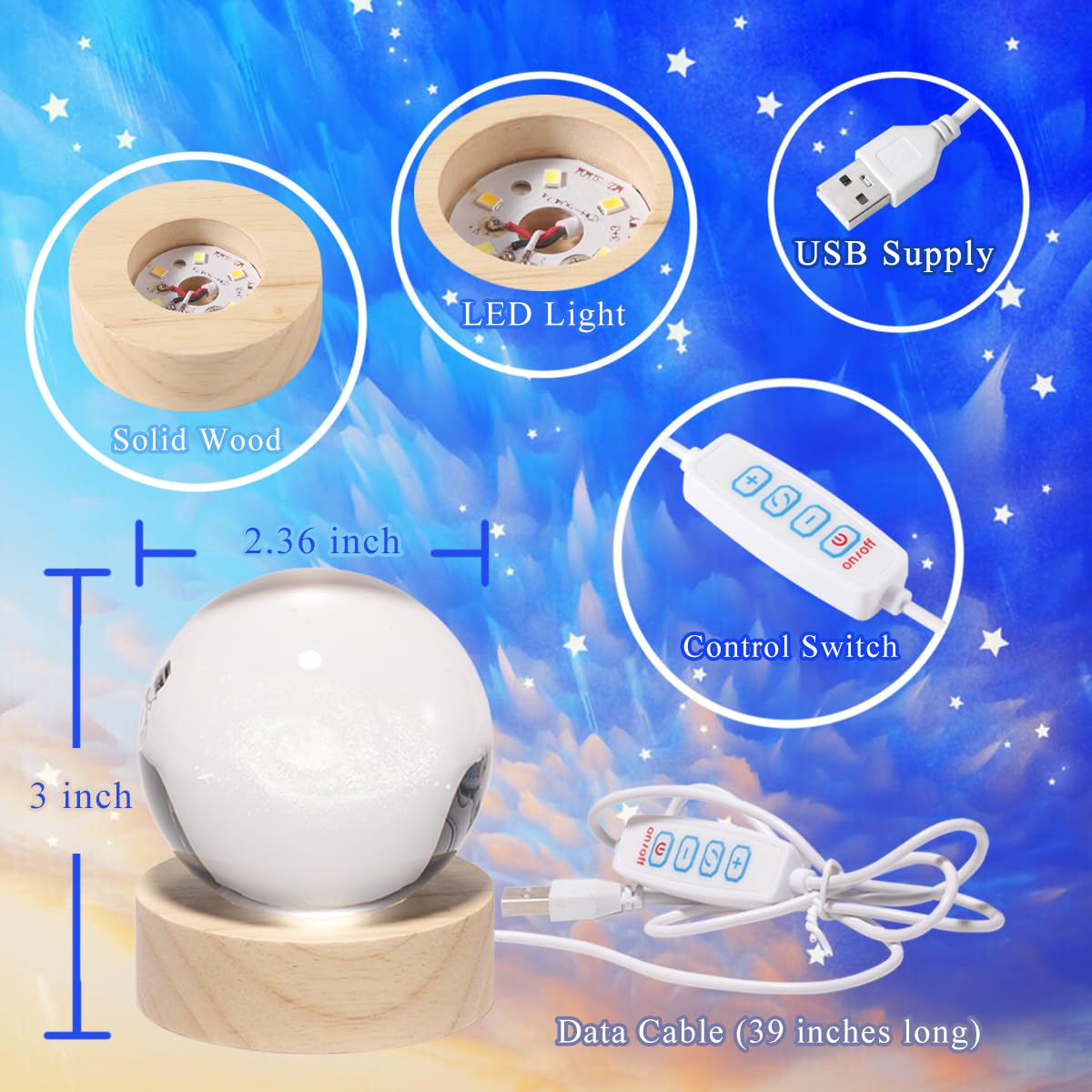 3D Moon Crystal Ball Lamp with Adjustable Brightness LED Wooden Base,Night Light for Kids Teens Adults,Birthday Gift Home Desk Office Bedroom Decor (6cm / 2.4”)