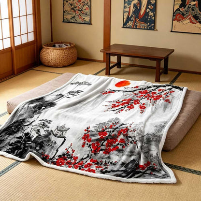 Japanese Blanket, Japanese Cherry Blossom Anime Blanket, Asian Ink Painting Asian Blankets, Red Plum Blossom & Mountain Landscape Soft Cozy Blankets for Couch, Bed, Office, Home Decor, 50X60 inch