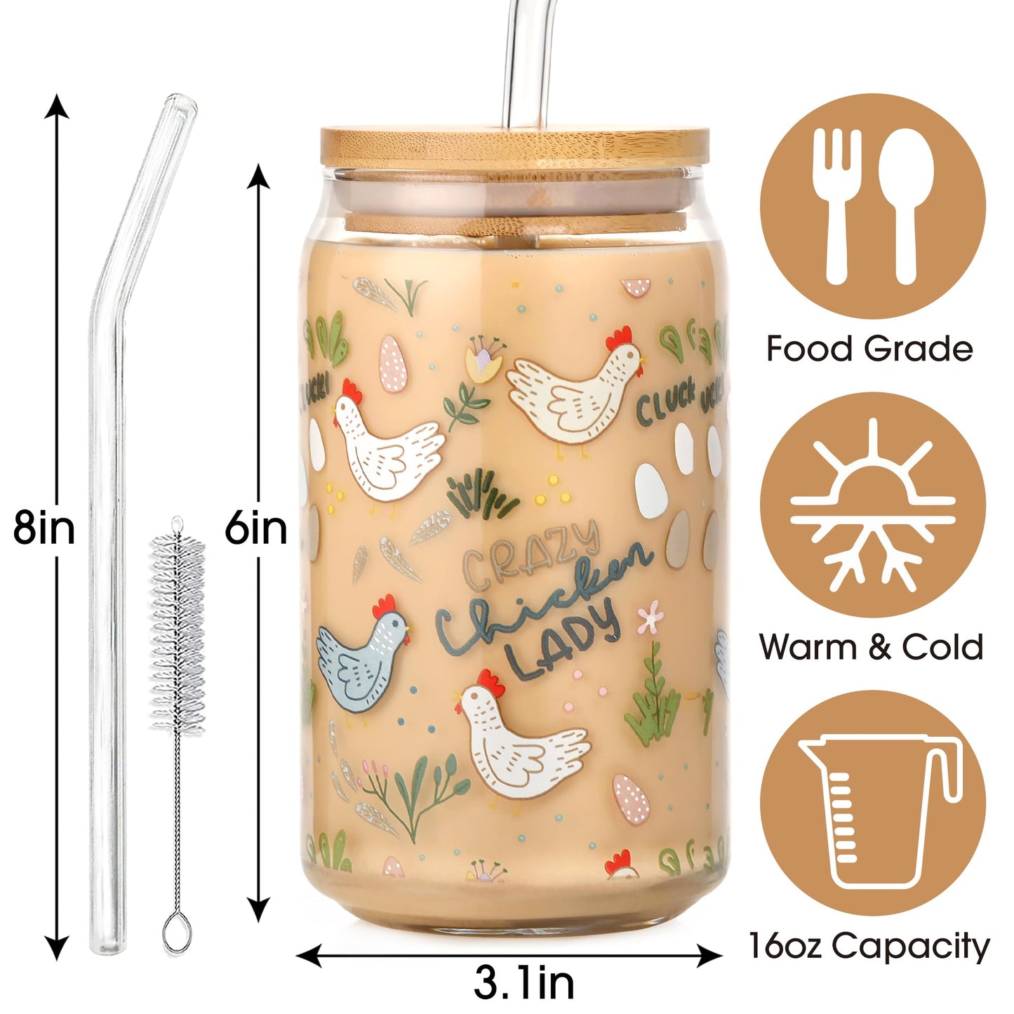 SUPREME LIGHTS ·2017· 16 oz Funny Chicken Glass Cup with Lid & Straw, Chicken Gifts for Chicken Lovers, Chicken Cups Gifts for Women Men Boys Girls Kids, Ideal for Crazy Chicken Lady