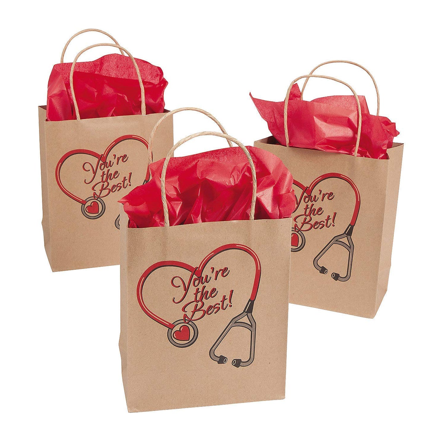 Fun Express Nurse Gift Bags Bulk 12 Pack - Medium Kraft Paper Bags for Nurses Week Gifts, Healthcare Worker Appreciation | 6.5x9 inch Brown Gift Bags with Handles for Medical Staff Thank You Favors