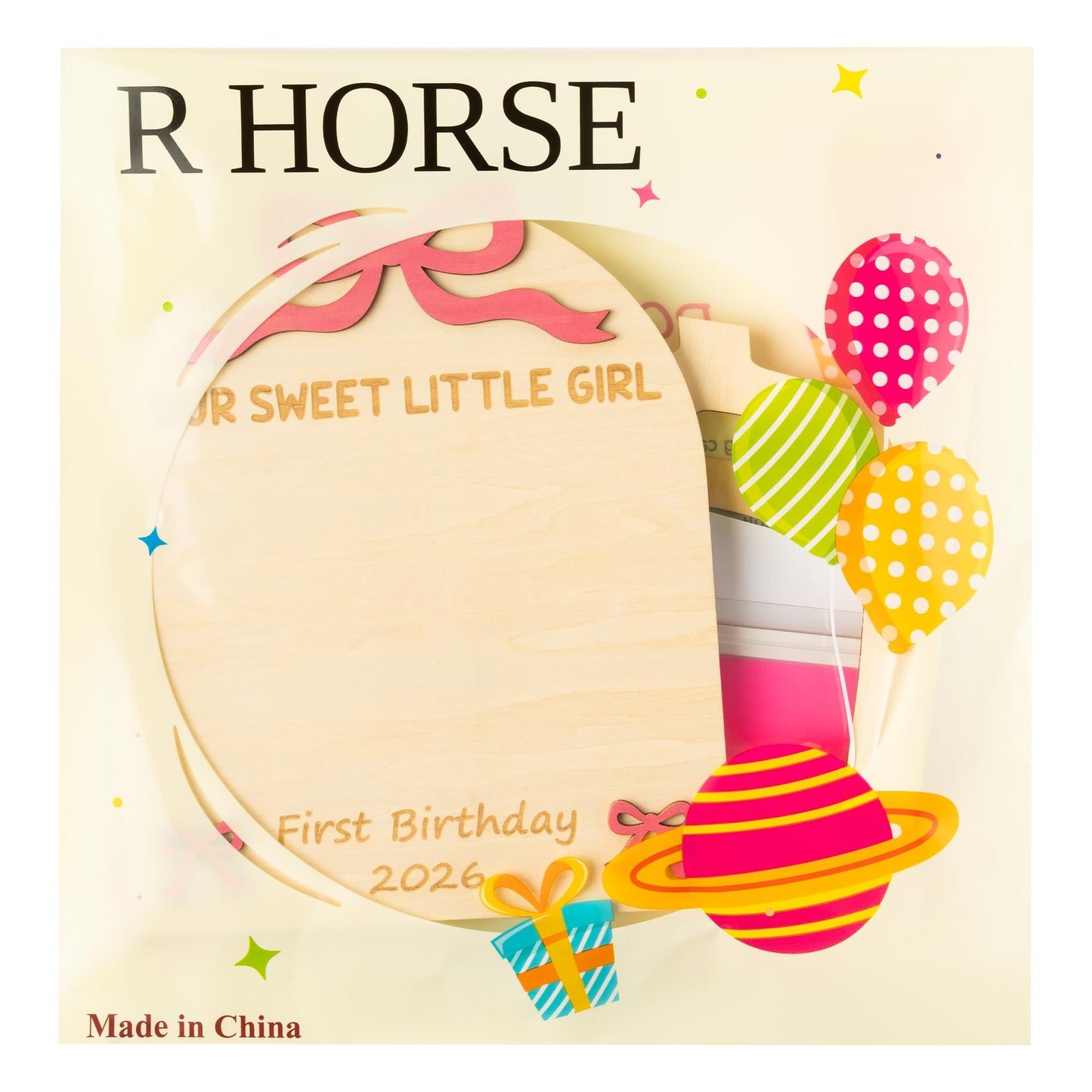 R HORSE 3D Pink Bow Baby's First Birthday DIY Footprint or Handprint Art Sign, Our Sweet Little Girl Wooden Hanging Decoration, Newborn Keepsake Gift for Baby Girl 1st Birthday Baby Shower Photo Prop