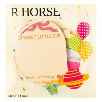 R HORSE 3D Pink Bow Baby's First Birthday DIY Footprint or Handprint Art Sign, Our Sweet Little Girl Wooden Hanging Decoration, Newborn Keepsake Gift for Baby Girl 1st Birthday Baby Shower Photo Prop