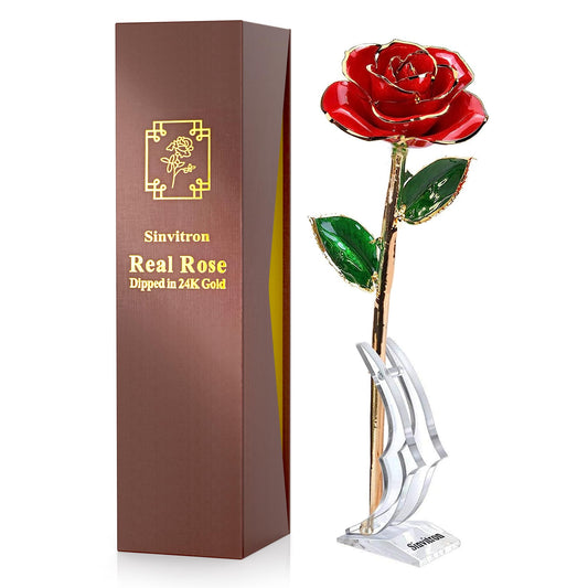 Sinvitron Gold Dipped Infinity Rose - Eternal Resin-Preserved Rose | Forever Flower Decor for Birthdays, Mother’s Day, Anniversaries | Unique Gift for Women, Mom, Wife (Red)
