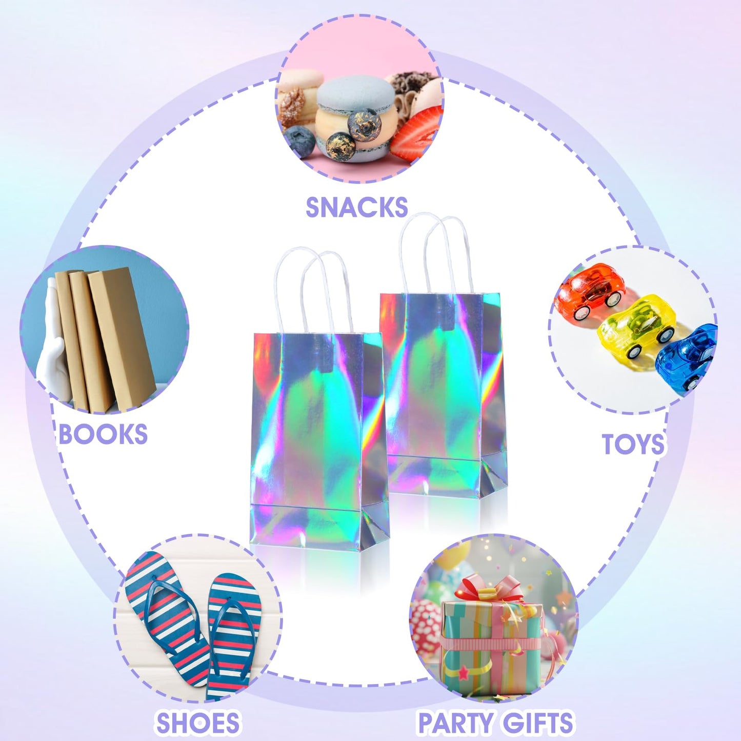 Abeillo 24 Pcs Reusable Paper Gift Bags with Handle, Iridescent Gift Bag Glossy Holographic Goodie Bag Gift Handbag Bulk for Baby Shower Christmas Birthday Party Favor, 8.3 x 4.7 x 3.1 Inch